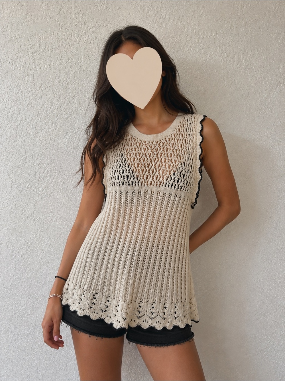 American Eagle Outfitters Cream Crochet Tank with Black Trim